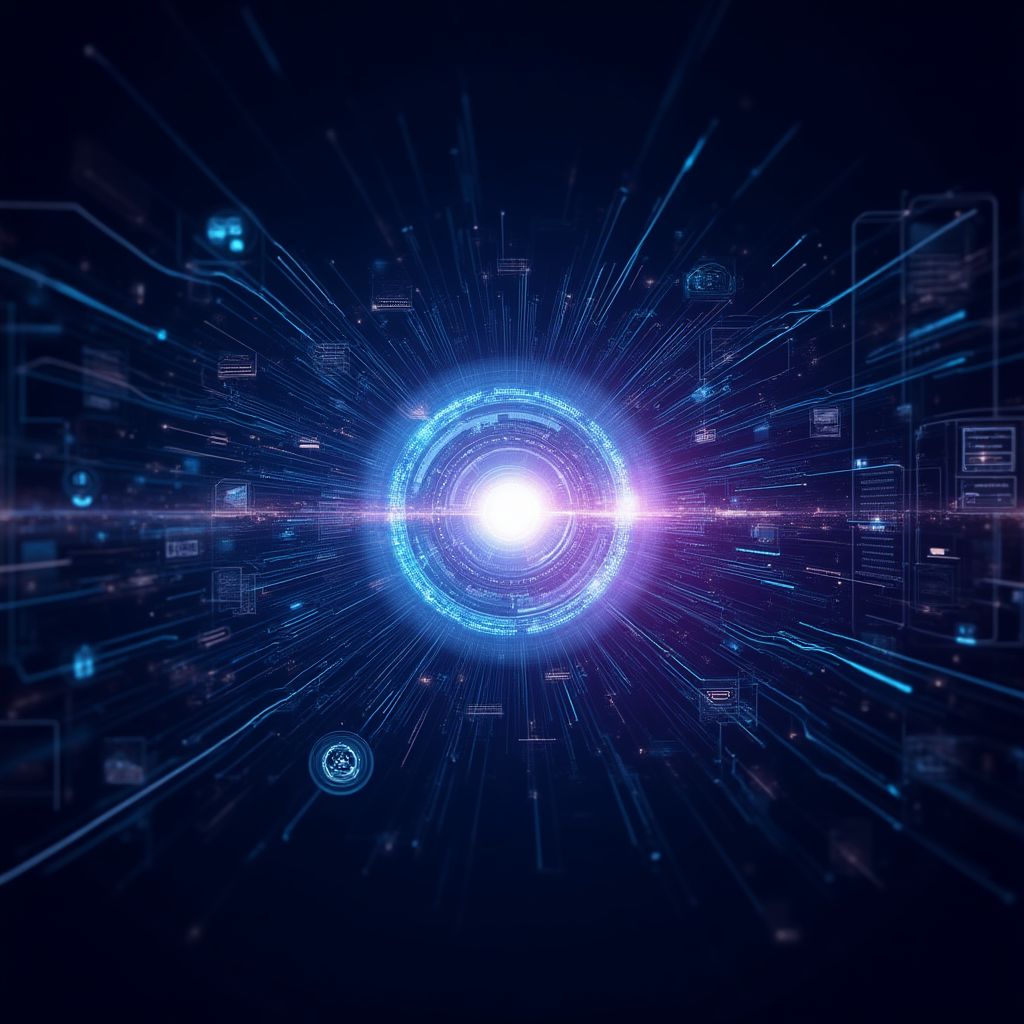 Abstract digital art of an AI agent centralizing diverse data streams.