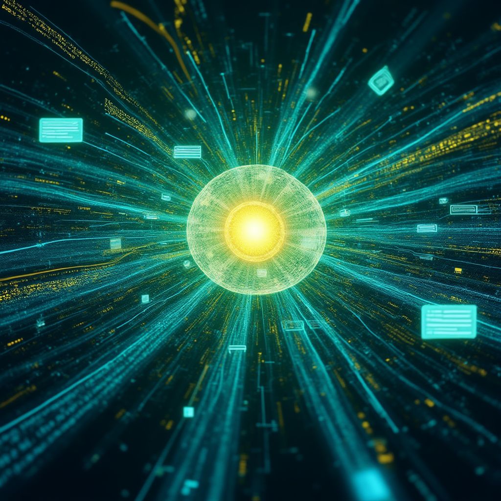 Conceptual art showing business data streams feeding into an AI (RAG) to provide precise answers in a chat interface.