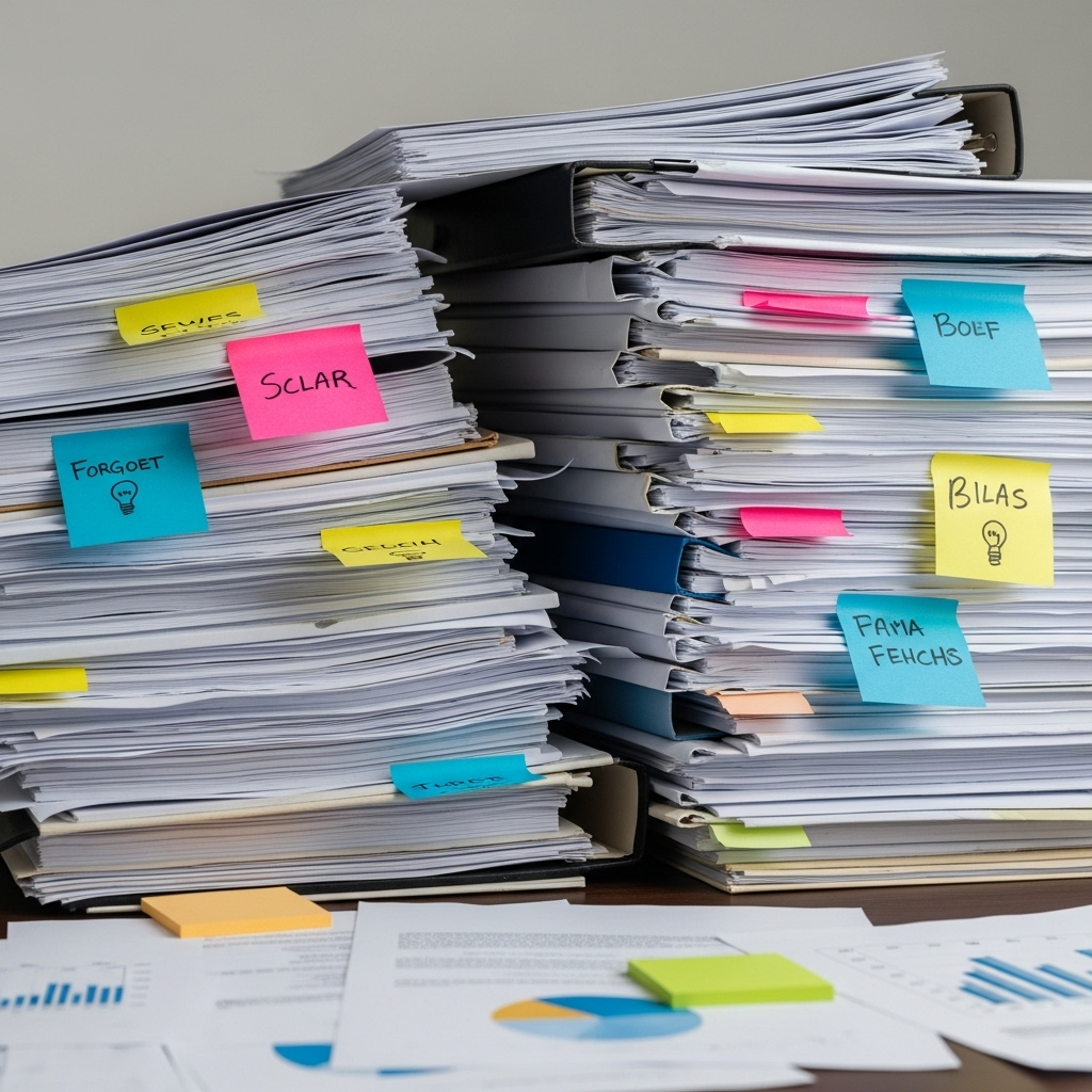 Messy pile of documents, sticky notes, and papers scattered everywhere representing disorganized knowledge