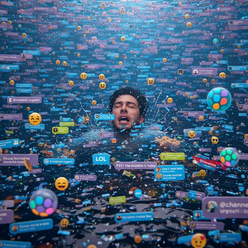 Person drowning in a sea of Slack messages and chat bubbles