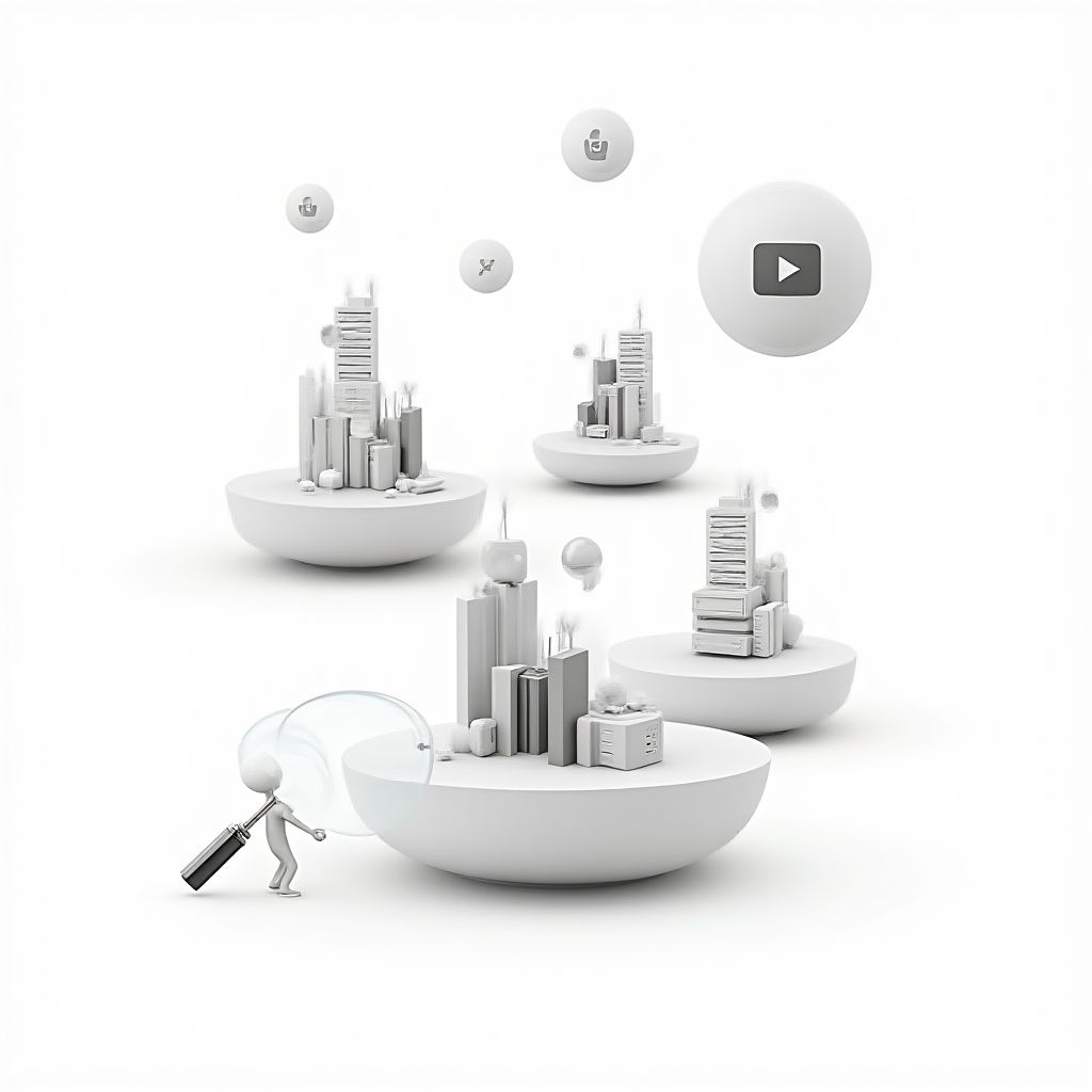 Minimalist illustration of fragmented information silos and scattered data within an organization.