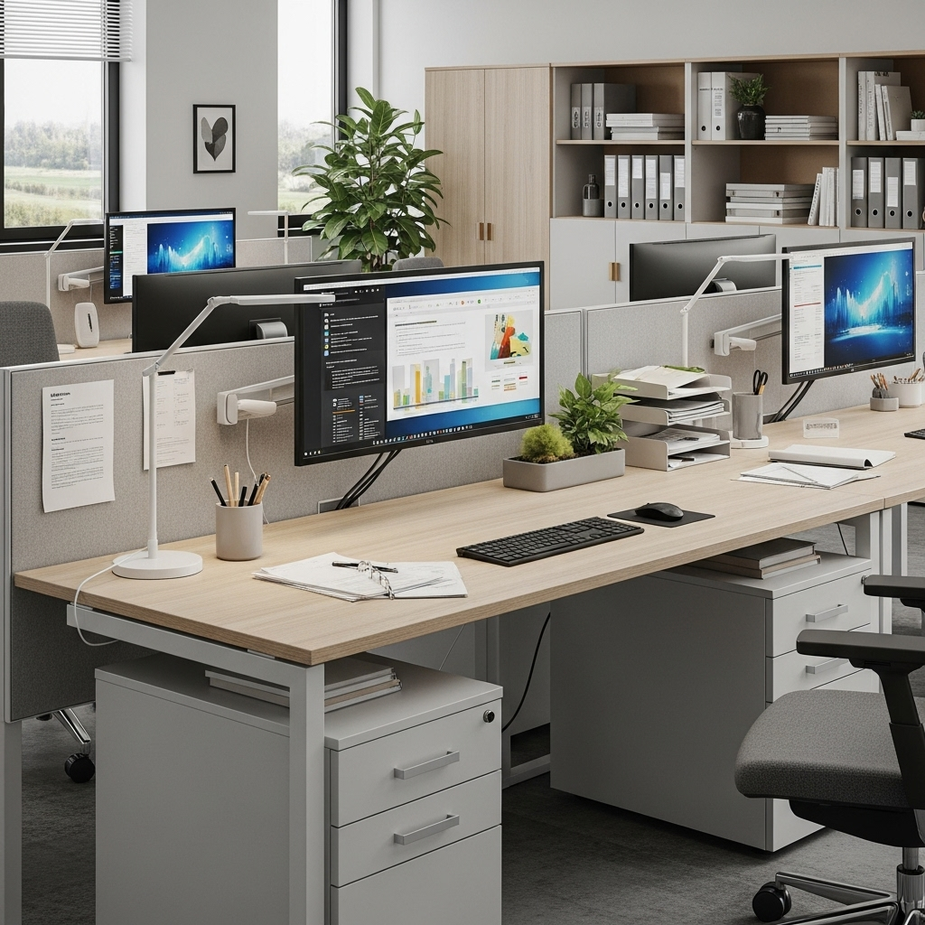 Organized, efficient modern office workspace representing the clarity and efficiency of good information management