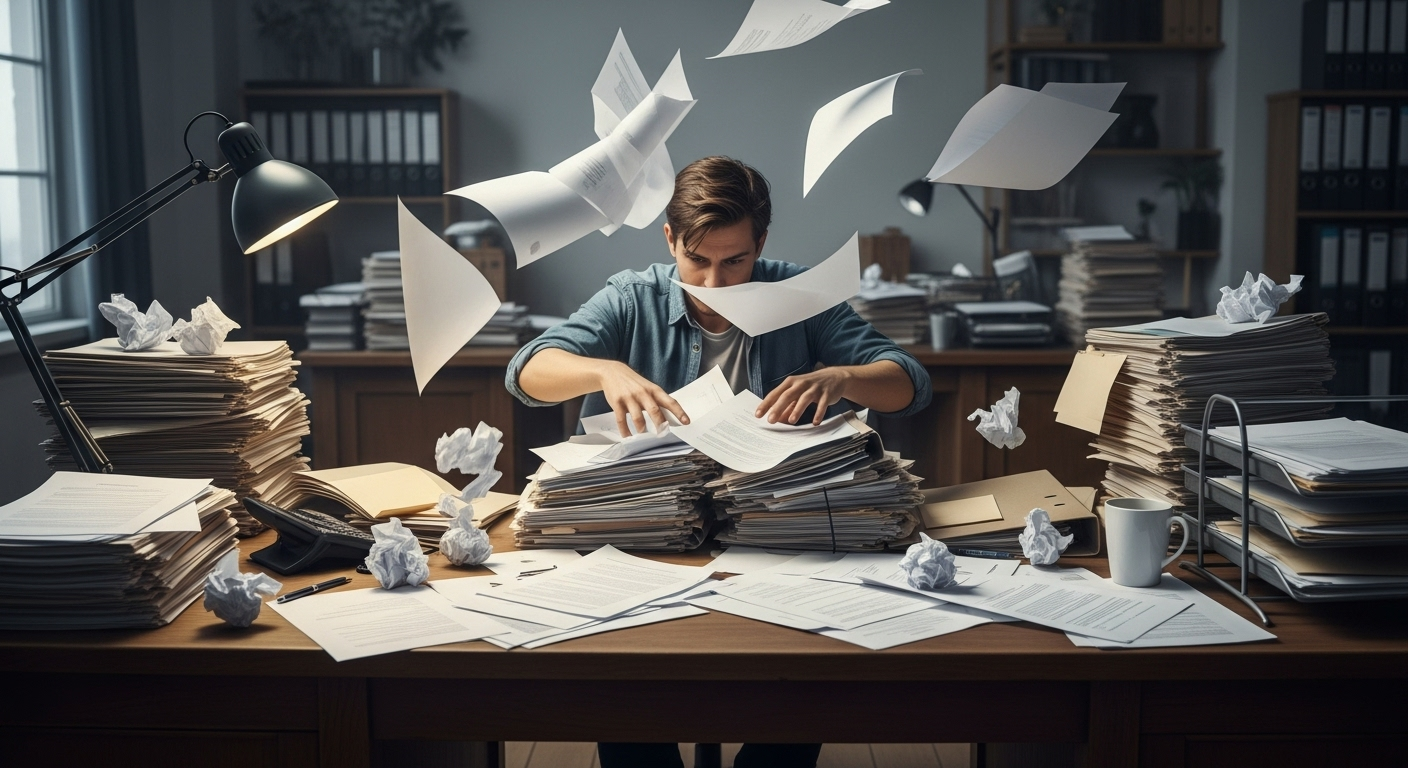 Person frantically searching through messy desk with papers scattered everywhere, representing the chaos of searching for information