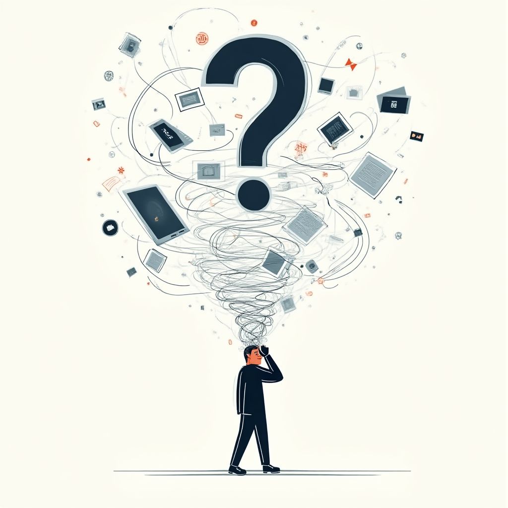 Minimalist illustration of a person overwhelmed by scattered digital information, representing an information bottleneck.