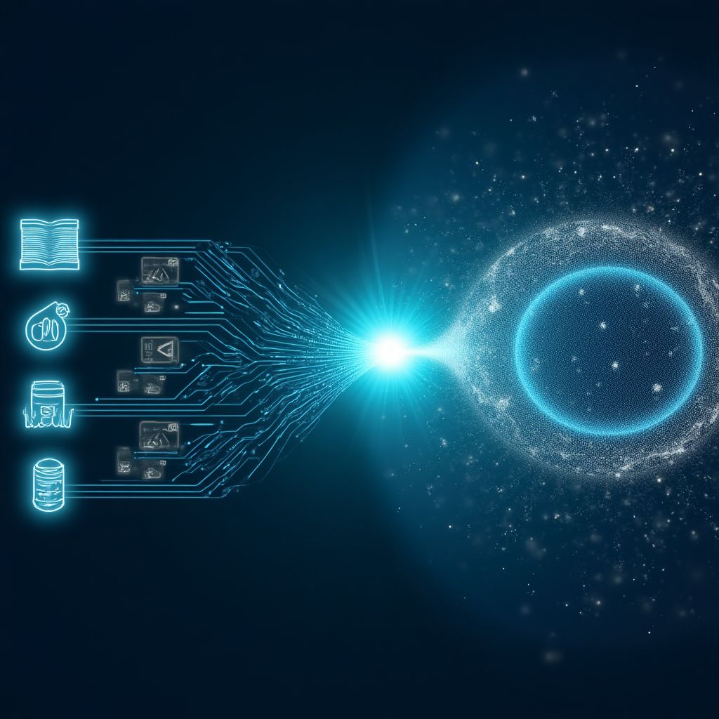Conceptual abstract digital art showing how RAG retrieves and integrates diverse data from various sources to augment a Large Language Model.