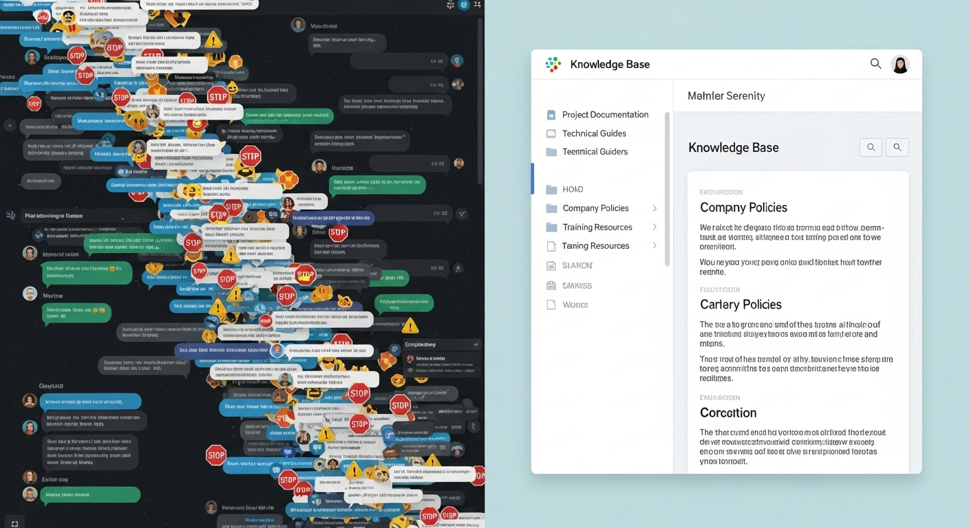 Split screen showing chaotic Slack messages on one side and organized knowledge base on the other