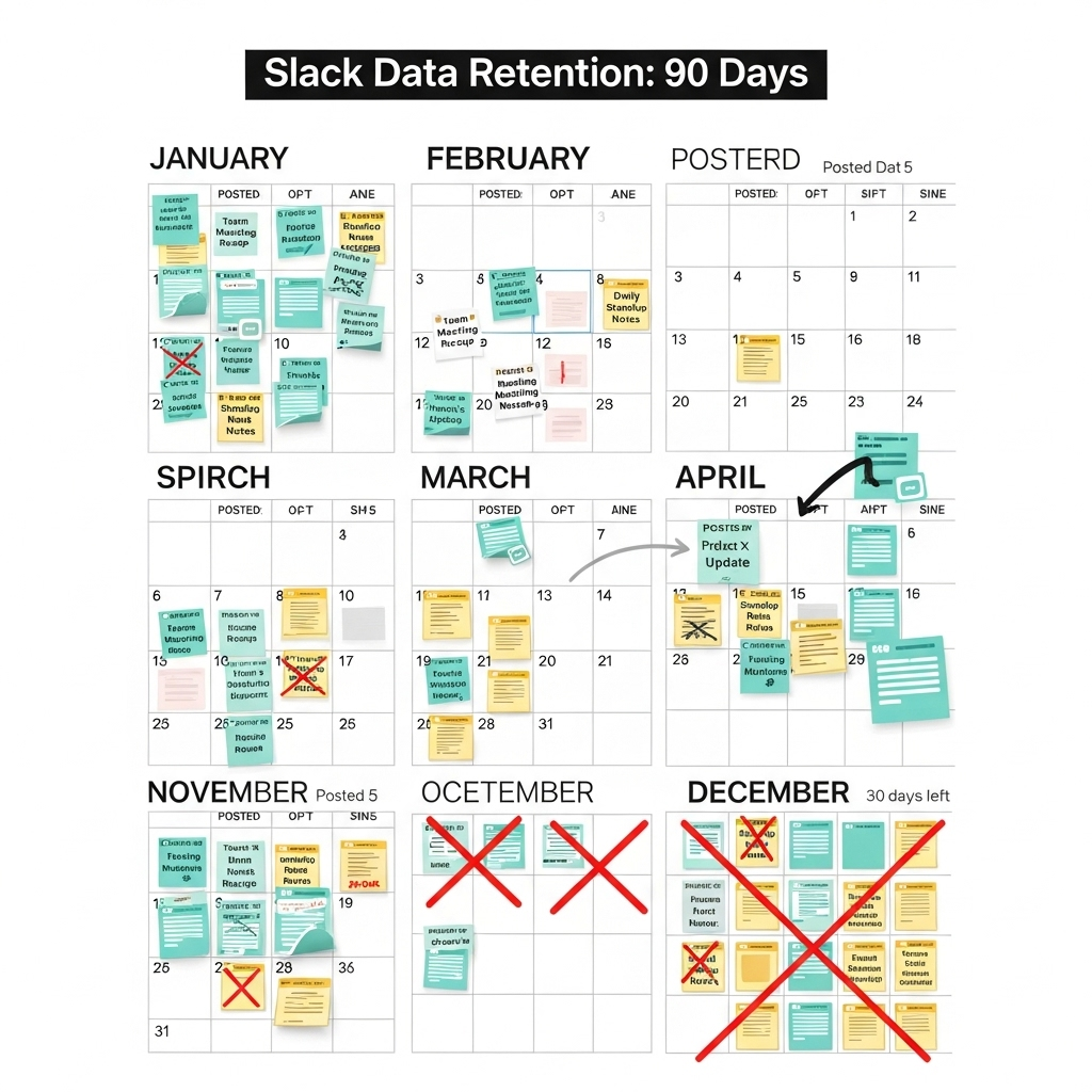 Calendar showing messages being crossed out after 90 days, representing Slack's deletion policy