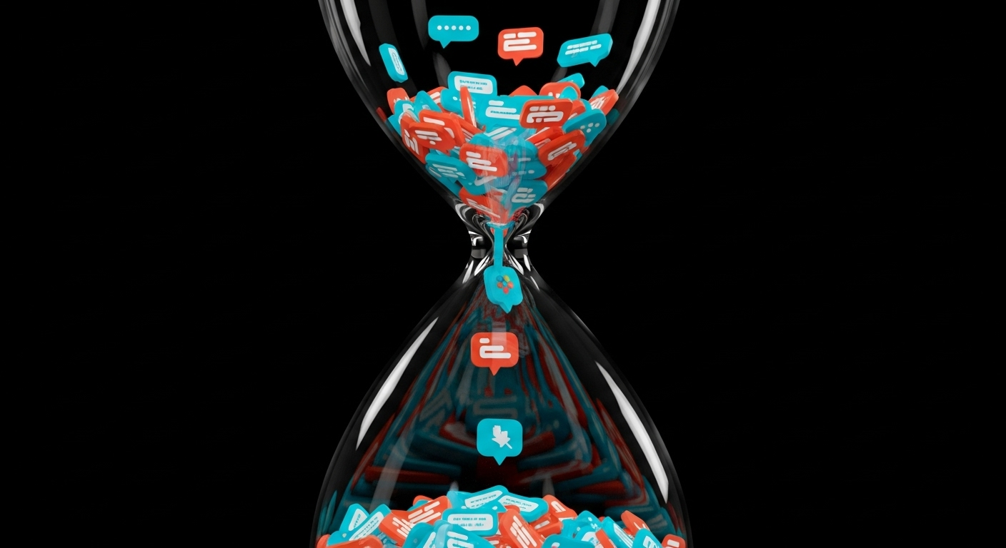 Hourglass with digital messages falling through, representing the disappearing nature of Slack's free plan message retention