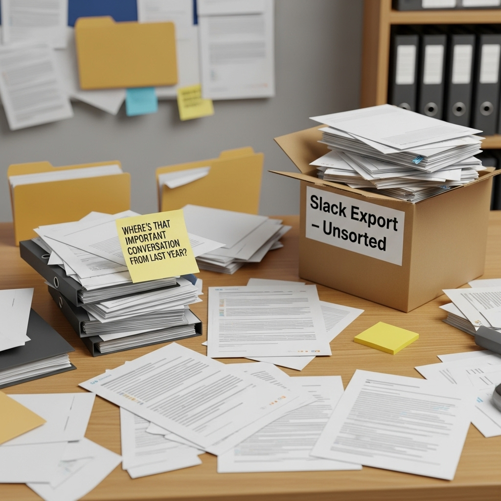 Messy file folders and documents scattered everywhere, representing the chaos of Slack data exports