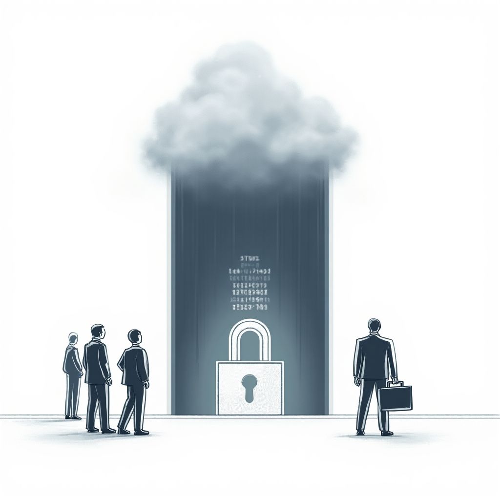 Vector illustration of a SQL code-locked data vault with a single expert holding the key.